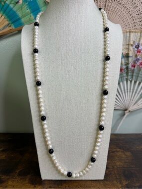 Classic White Pearl Necklace with Black Onyx  Beads - 36”